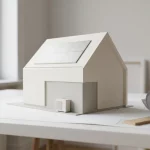 Minimalistisch schaalmodel van modern huis met zonnepaneel en warmtepomp op witte tekentafel met blauwdruk en liniaal