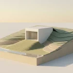 Minimalistisch architectuurmodel van modern wit betonnen huis in sculpturaal landschap met waterlijn, golden-hour licht