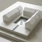 Minimalistisch architectuurmodel van woonblok met regenwaterretentiehof, waterbassin, stapstenen en blauwe afvoergoot