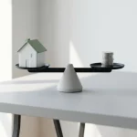 Balansweegschaal met huisje en stapel munten in evenwicht op lichtgrijs bureau, minimalistisch, ochtendlicht