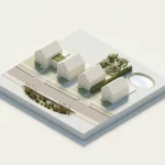 Isometrisch model van woonwijk met witte huizen, regenwatertuin, waterbuffer, groen dak en permeabele bestrating
