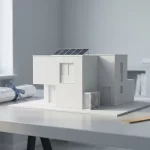Matwit model van modern all-electric huis met zonnepanelen en warmtepomp op architectenbureau met blauwdruk en liniaal
