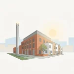 Geometrisch ontwerp van fabriek naar woningen met bakstenen blok, rijhuizen, groene strook en hergebruikte schoorsteen
