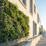 Moderne gevel met verticale tuin op trellis, lichte betonnen ramen, regenwaterdrip; duurzame architectuur in ochtendlicht