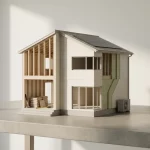 Modern doorsnede huismodel met renovatie en duurzame upgrades, zonnepanelen, isolatie en warmtepomp op betontafel