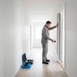 Installateur plaatst isolatieplaat bij deurpost in rustige huurappartement-gang, rolt beschermfolie uit in ochtendlicht