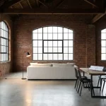 Minimalistische woonkamer in bakstenen industriële loft met boogvormig stalen raam, betonvloer en eettafel met plannen