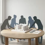 Architectonisch schaalmodel van appartementenblok op ronde vergadertafel, bewoners plaatsen houten tokens; blauwdruk en potlood.