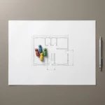 Witte architectuurplattegrond met houten bewonerspoppetjes, potlood en transparante liniaal op minimalistisch bureau in daglicht