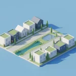 Isometrisch model van buurtblok met moderne huizen, regentuin en retentievijver, permeabele straat, groene daken, regenton