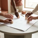 Diverse handen plaatsen houten huisblokjes op bouwtekening op ronde tafel, met potlood; samenwerking woningplanning