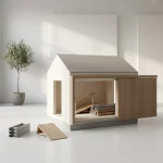 Architectonisch model van modern huis met uitschuifbare wand, met opgevouwen ramp en modulaire leuningen op witte tafel.