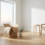 Open verhuisdoos met wollen plaid en vaas groen op lichte eiken vloer in minimalistische nieuwbouwwoonkamer met ochtendlicht