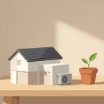 Modern compact huismodel met zonnepanelen en warmtepomp op houten tafel, plantje ernaast in minimalistisch interieur