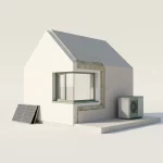 3D cutaway model van moderne energiezuinige woning met isolatie, dubbel glas, warmtepomp en zonnepanelen op neutrale achtergrond