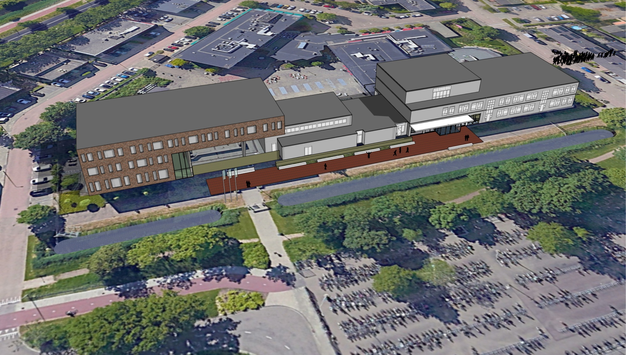 Vogelvluchtvisualisatie van een middelbare school in de regio Rotterdam met een nieuwe centrale entree